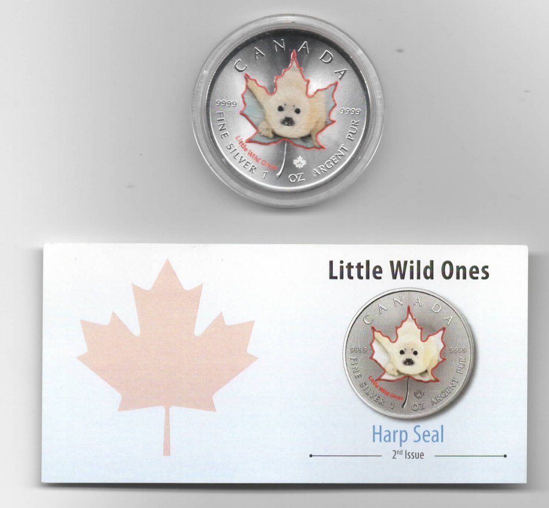  Canada, Maple Leaf, Little Wild Ones, 5$, Harp Seal, Farbe, 2500 St. Zertifikat, 1 oz Silber   