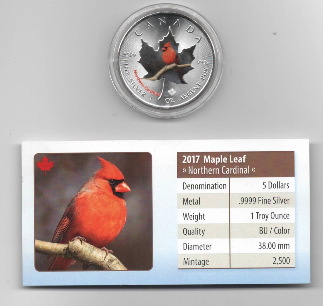  Maple Leaf, Canadian Birds, 5$ 2017, Northern Cardinal, Farbe, 2500 St. Zertifikat, 1 oz Silber   