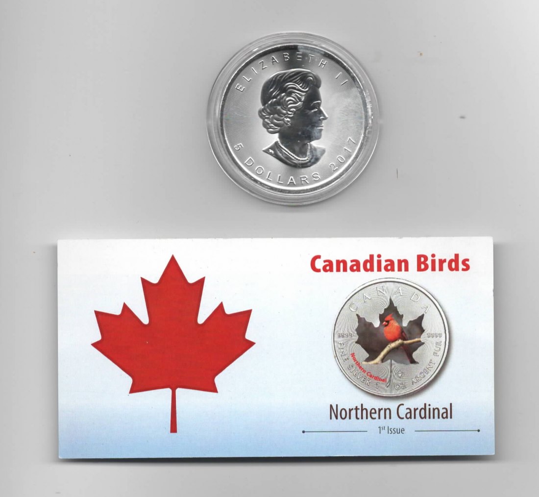  Maple Leaf, Canadian Birds, 5$ 2017, Northern Cardinal, Farbe, 2500 St. Zertifikat, 1 oz Silber   
