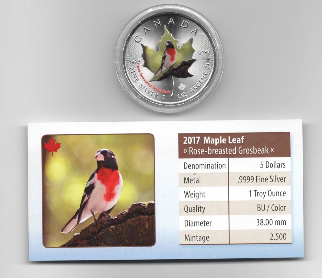  Maple Leaf, Canadian Birds, 5$ 2017, Rose-breasted Grosbeak, Farbe, 2500 St. Zertifikat, 1 oz Silber   