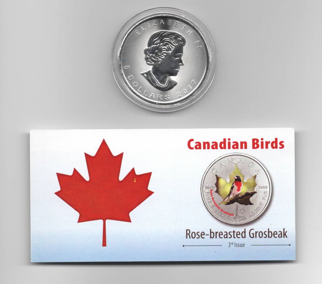  Maple Leaf, Canadian Birds, 5$ 2017, Rose-breasted Grosbeak, Farbe, 2500 St. Zertifikat, 1 oz Silber   