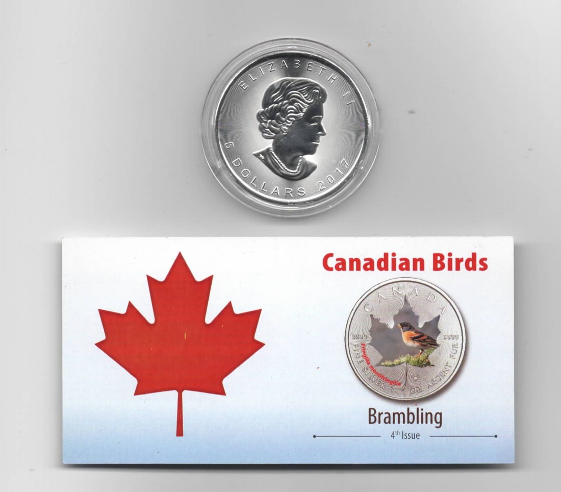  Maple Leaf, Canadian Birds, 5$ 2017, Brambling, Farbe, 2500 St. Zertifikat, 1 oz Silber   