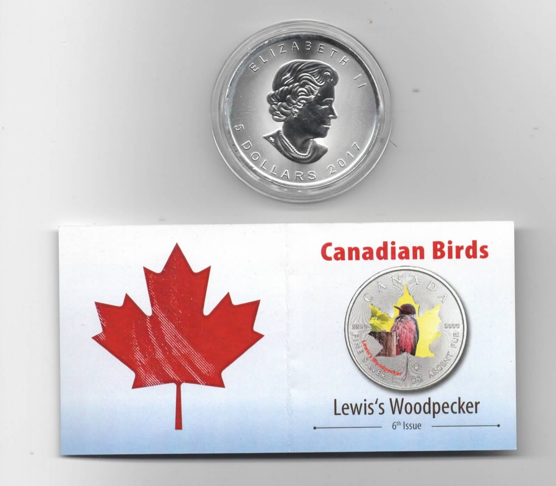 Maple Leaf, Canadian Birds, 5$ 2017, Lewis's Woodpecker, Farbe, 2500 St. Zertifikat, 1 oz Silber   