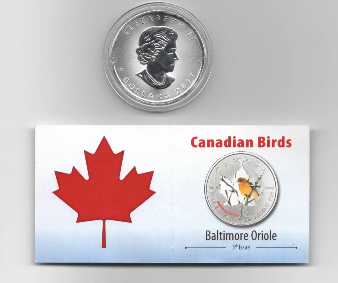  Maple Leaf, Canadian Birds, 5$ 2017, Baltimore Oriole , Farbe, 2500 St. Zertifikat, 1 oz Silber   