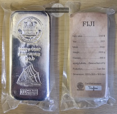 Fiji. 2,50 Dollar 2021 Münzbarren   FM-Frankfurt   Feinsilber: 1.000g   