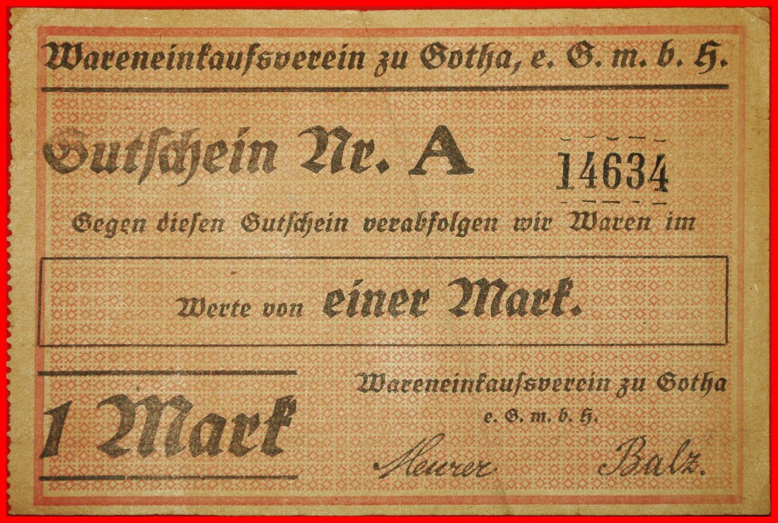  * THURINGIA: GERMANY GOTHA ★ 1 MARK (1914-1924) CRISP! TO BE PUBLISHED! LOW START ★ NO RESERVE!   