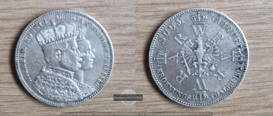  Preußen 1 Taler, 1861 Krönung von Wilhelm I. und Augusta FM-Frankfurt  Feingewicht: 16,67g  Silber   