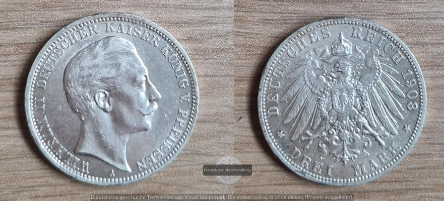  Deutsches Kaiserreich. Preussen, Wilhelm II. 3 Mark 1908 A  FM-Frankfurt Feinsilber: 15g   