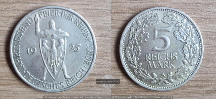  Deutschland, Weimarer Rep. 5 Reichsmark 1925A 1000 Jahre Rheinlande. FM-Frankfurt  Feinsilber: 12,5g   