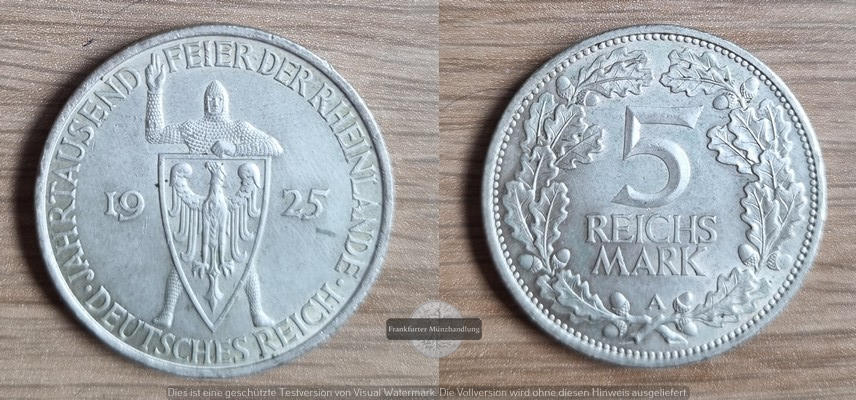  Deutschland, Weimarer Rep. 5 Reichsmark 1925A, 1000 Jahre Rheinlande. FM-Frankfurt Feinsilber: 12,5g   