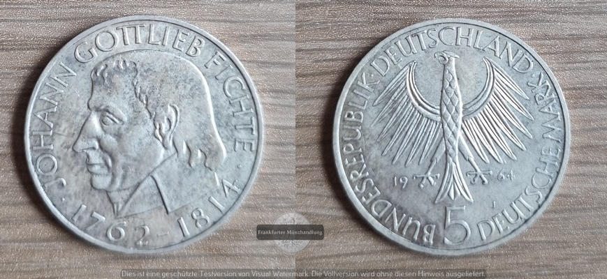  Deutschland 5 Mark, 1964 150. Todestag von Johann Gottlieb Fichte FM-Frankfurt   Feinsilber: 7g   