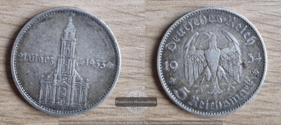  Deutschland-Drittes Reich 5 Reichsmark, 1934 1. Jahrestag - Garnison FM-Frankfurt  Feinsilber:12,5   
