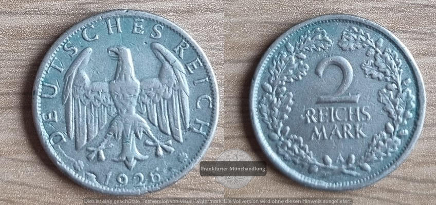  Deutschland 2 Reichsmark 1926, 1925-1931 FM-Frankfurt  Feinsilber:12,5   