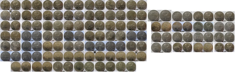  1965-1991, USSR, Collection album:64 pcs Soviet 1-3-5 Rubles coins   