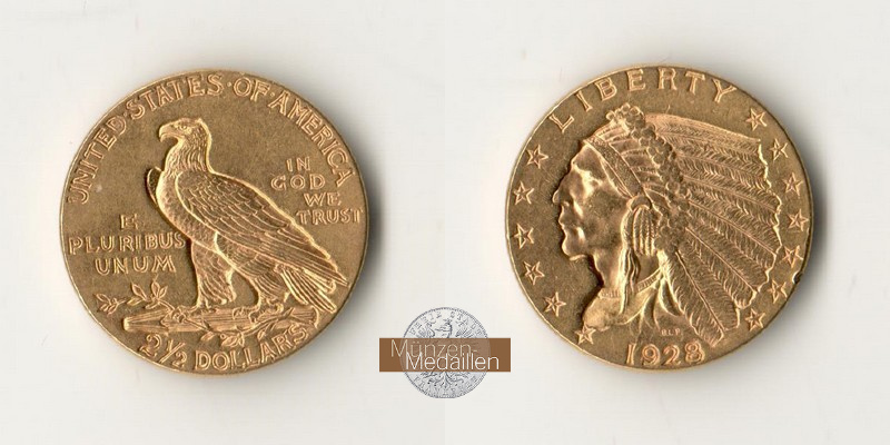 USA  2,5 Dollars MM-Frankfurt Feingold: 3,76g Indianerkopf 1928 
