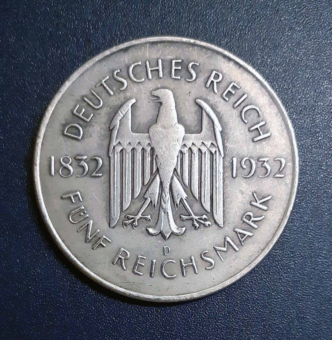  282. Nachprägung 5 Mark 1932 D Deutsches Reich einhundertster Todestag Goethes   