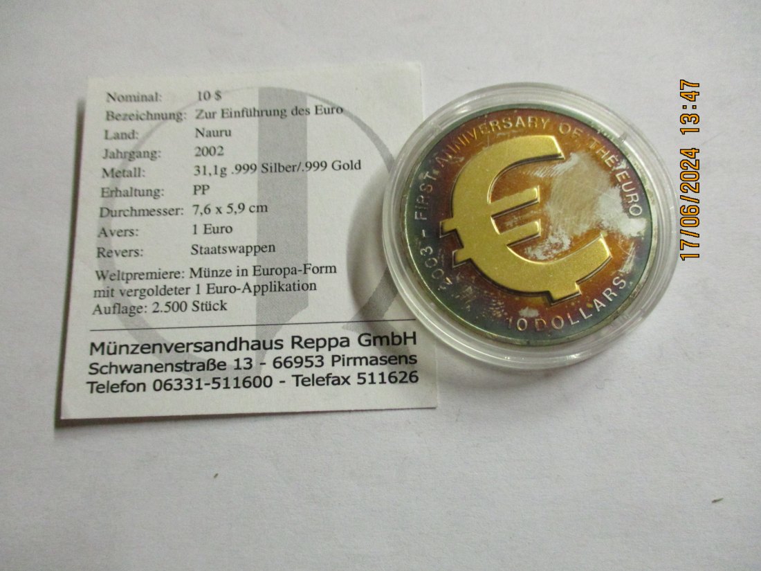  10 Dollars 2002 Zur Einführung des Euro Silbermünze / XC7   