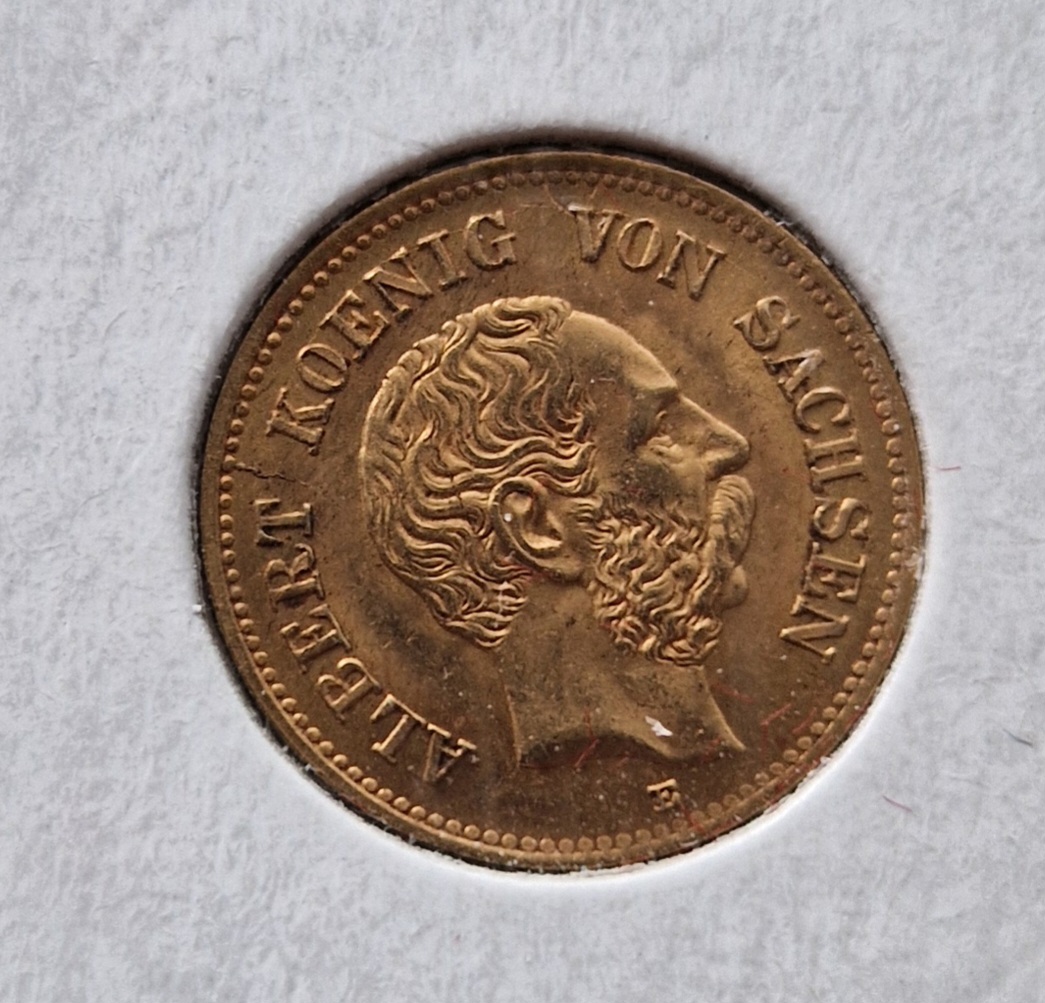  Kaiserreich 5 Mark Sachsen 1877 vz./st.gold   