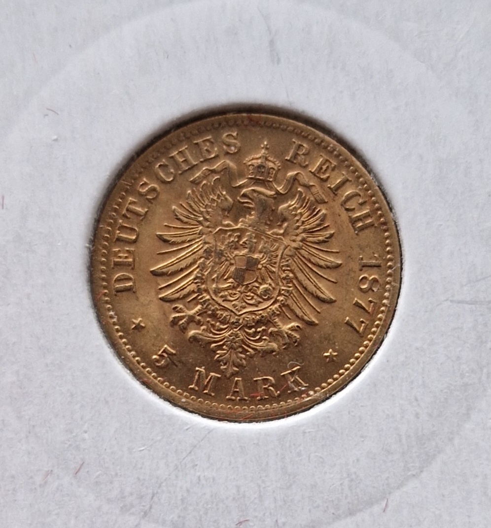  Kaiserreich 5 Mark Sachsen 1877 vz./st.gold   