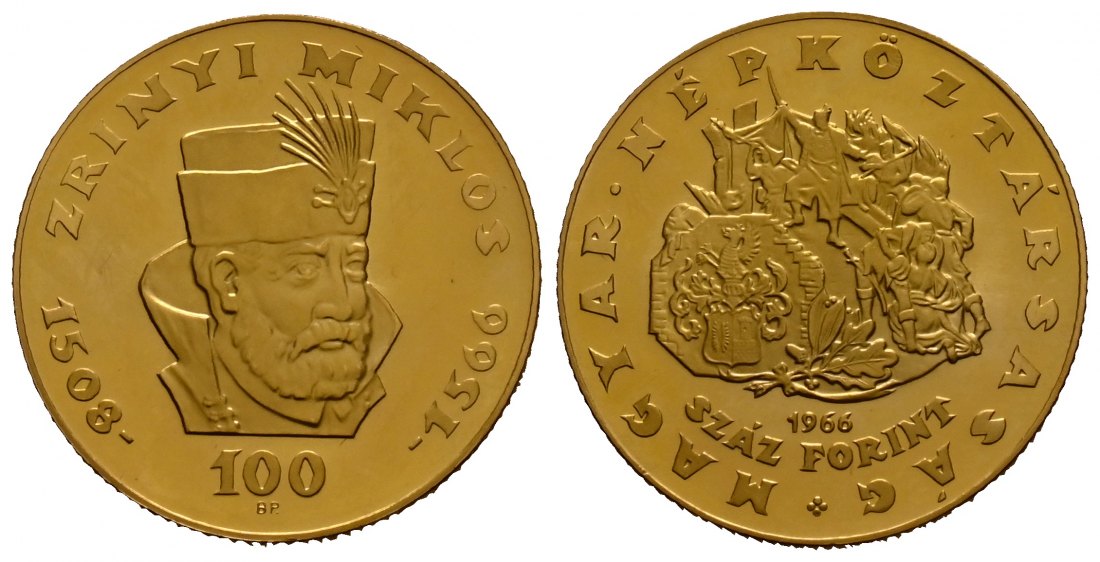 PEUS 1865 Ungarn 7,57 g Feingold. Todestag Miklós Zrinyi 100 Forint GOLD 1966 BP Impaired Proof / Fast Polierte Platte