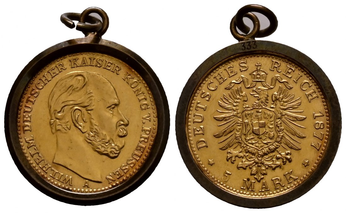 PEUS 1866 Kaiserreich - Preußen 1,79 g Feingold. Kaiser Wilhelm I. (1861 - 1888) 5 Mark Gold 1877 A Gewellt, Verfärbt, sehr schön