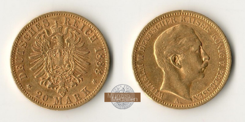 Preussen, Kaiserreich    20 Mark MM-Frankfurt Feingold: 7,17g Wilhelm II 1888 A 