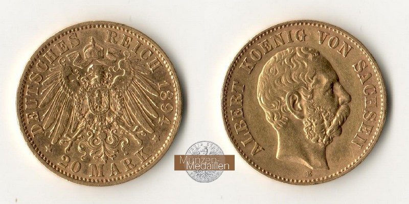 Sachsen, Kaiserreich  20 Mark MM-Frankfurt Feingold: 7,17g Albert 1873-1902 1894 E 