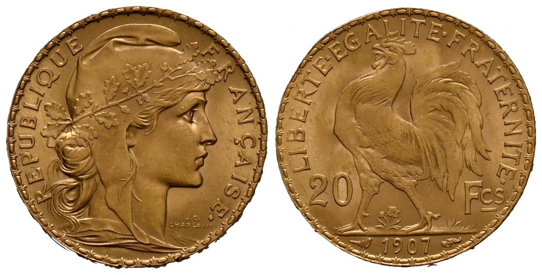 PEUS 1867 Frankreich 5,81 g Feingold. Marianne 20 Francs GOLD 1907 Vorzüglich +
