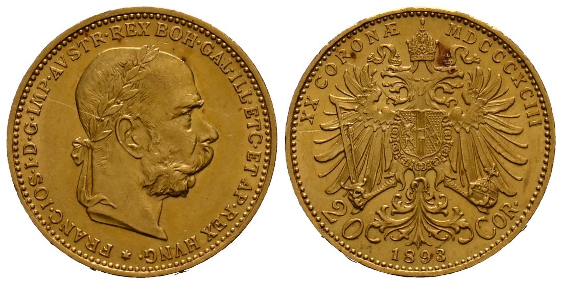 PEUS 1868 Österreich 6,10 g Feingold. Franz Joseph I. (1848 - 1916) 20 Kronen GOLD 1893 Sehr schön