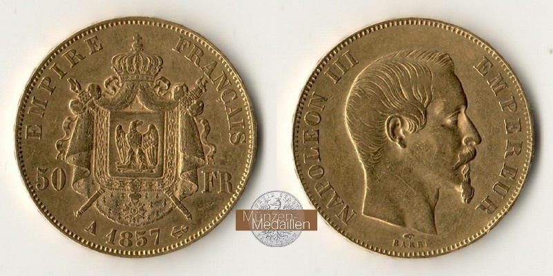 Frankreich  50 Francs MM-Frankfurt Feingold: 14,52g Napoleon III. 1857 A 