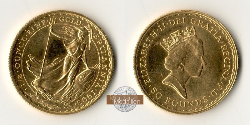 Grossbritannien  50 Pounds MM Frankfurt Feingold: 15,5g Stehende Britannia 1993 
