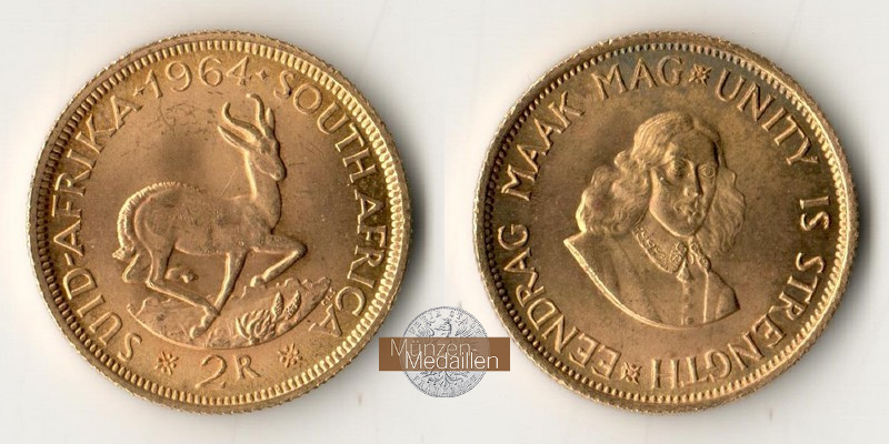 Südafrika  2 Rand MM-Frankfurt Feingold: 7,32g Springbock 1964 