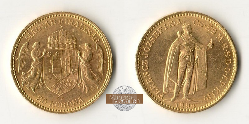 Ungarn MM-Frankfurt Feingold: 6,10g 20 Kronen 1894 