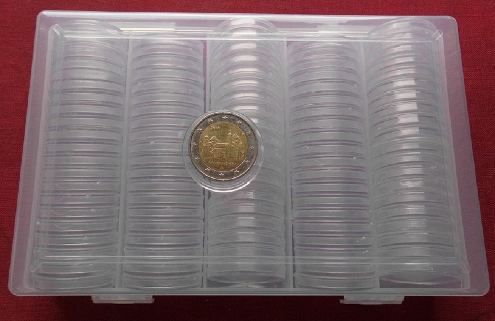  100 Stück Münzkapseln Münzdosen 26/26,5mm in Box z. Bsp. f. 2 Euro Münzen klar Acryl NEU   
