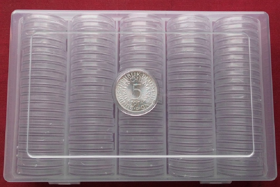  100 Stück Münzkapseln Münzdosen 30 mm für 5 DM-Münzen in Box Acryl klar NEU   