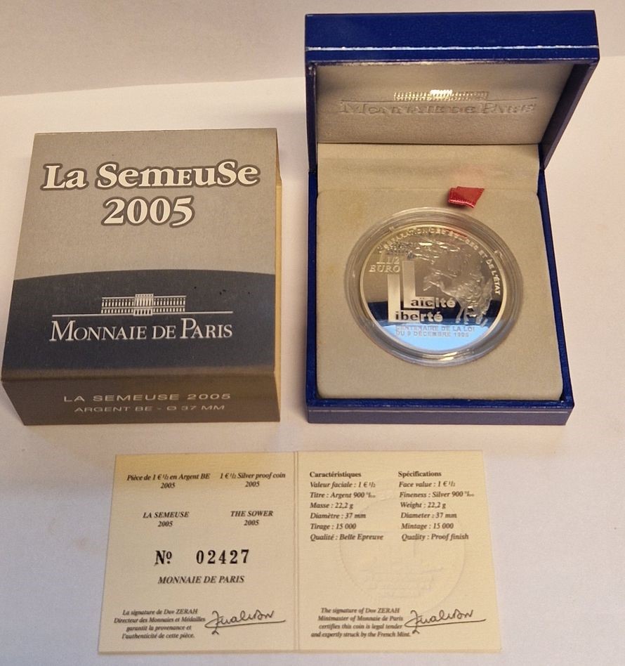  Frankreich 1 1/2 Euro La Semeuse 2005 Silber Goldankauf Frank Maurer AD 105   
