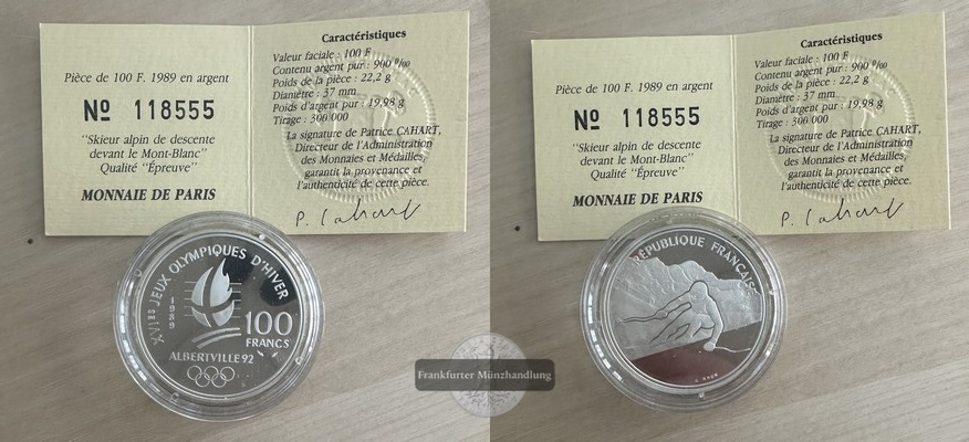 Frankreich  100 Francs  1989  Olympische Spiele '92 in Albertville  FM-Frankfurt Feinsilber: 19,98g   