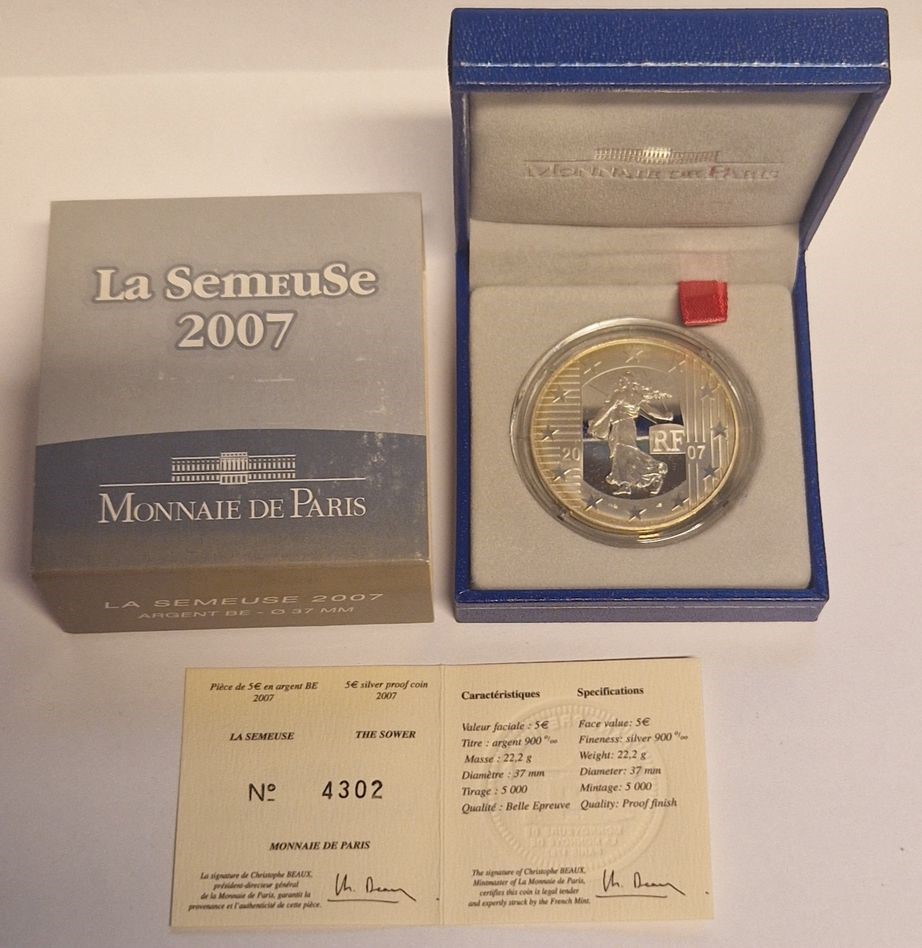  Frankreich 5 Euro La Semeuse 2007 Silber proof Goldankauf Maurer AD 107   