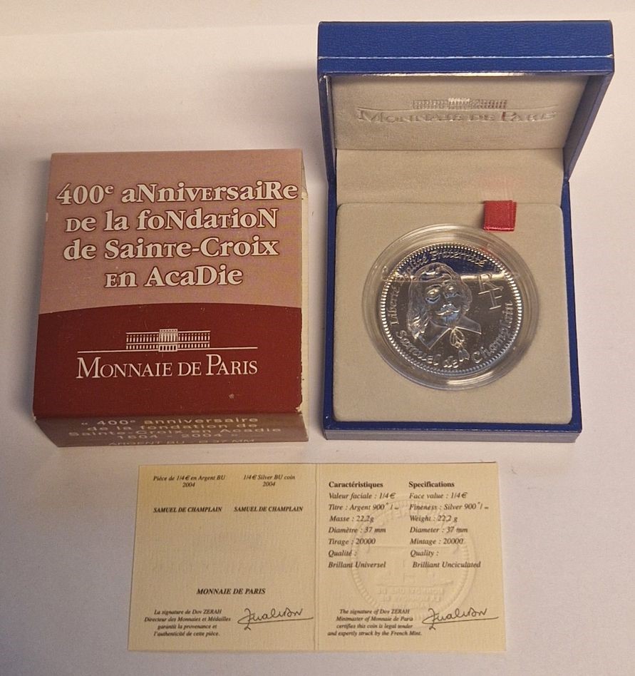  Frankreich 1/4 Euro Samuel de Champlain 2004 Silber  Goldankauf Maurer AD 109   