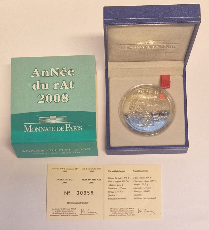  Frankreich 1/4 Euro Year of the rat 2008 Silber  Goldankauf Maurer AD 112   