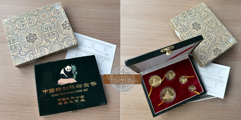 China 5 x Goldmünzen MM-Frankfurt Feingewicht: 1,9oz/59,09g Gold 5-100 Yuan (Panda) 1988 pp