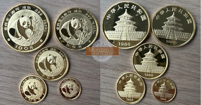 China 5 x Goldmünzen MM-Frankfurt Feingewicht: 1,9oz/59,09g Gold 5-100 Yuan (Panda) 1988 pp