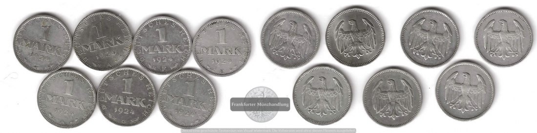  Weimarer Republik, 7 x 1 Mark 1924  FM-Frankfurt    Feinsilber: 2,5g*7=17,5 g   