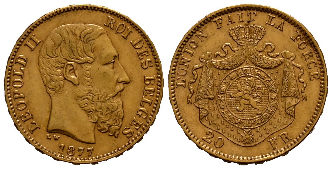 PEUS 1876 Belgien 5,81 g Feingold. Leopold II. (1865-1909) 20 Francs GOLD 1877 Fast vorzüglich