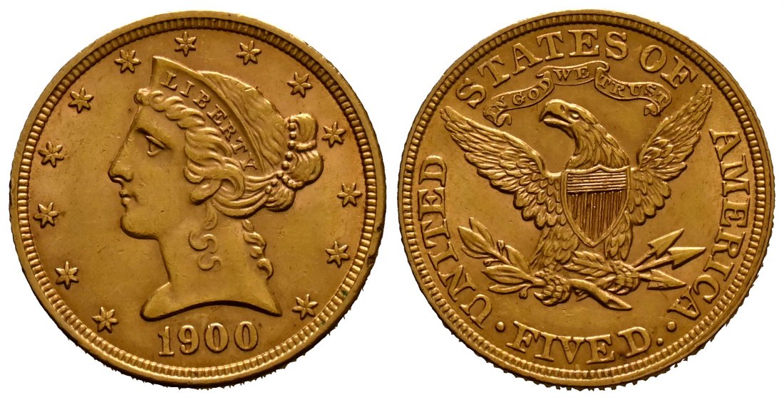 PEUS 1878 USA 7,52 g Feingold. Coronet Head 5 Dollars GOLD 1900 Sehr schön