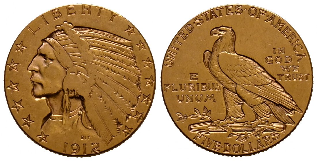 PEUS 1879 USA 7,52 g Feingold. Indian Head 5 Dollars GOLD 1912 Sehr schön