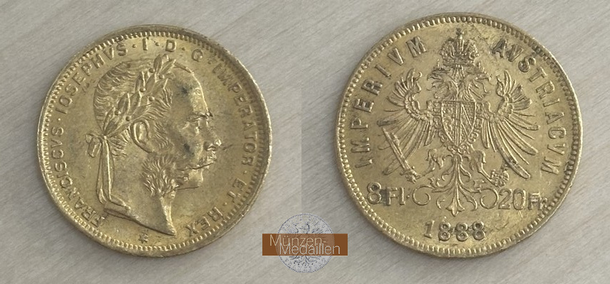 Österreich, Kaiserreich MM-Frankfurt Feingold: 5,81g 8 Florin - 20 Franken 1888 