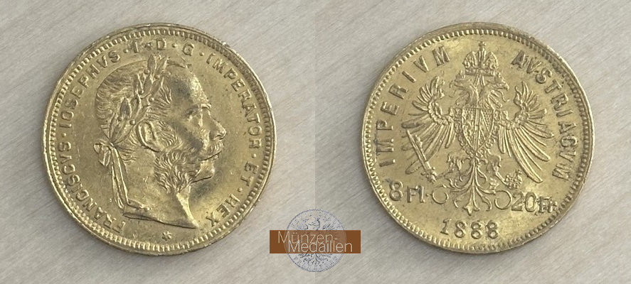 Österreich, Kaiserreich MM-Frankfurt Feingold: 5,81g 8 Florin - 20 Franken 1888 