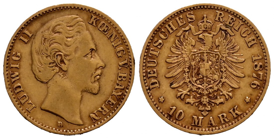 PEUS 1881 Kaiserreich - Bayern 3,58 g Feingold. Ludwig II. (1864 - 1886) 10 Mark GOLD 1876 D München Sehr schön