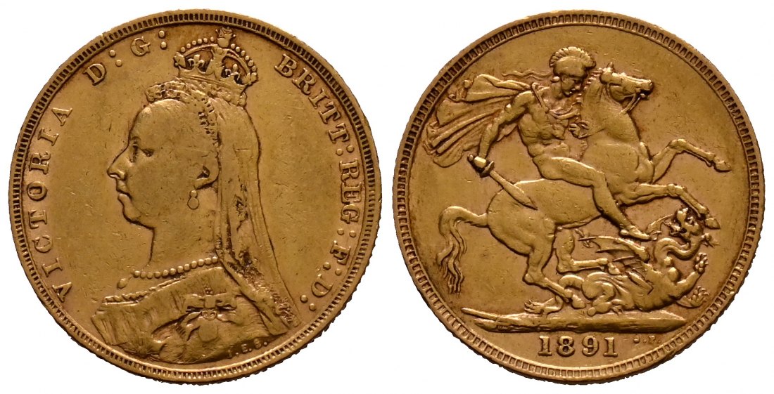 PEUS 1882 Grossbritannien 7,32 g Feingold. Victoria (1837 - 1901) Jubiläumsbüste mit Witwenschleier Sovereign GOLD 1891 Sehr schön